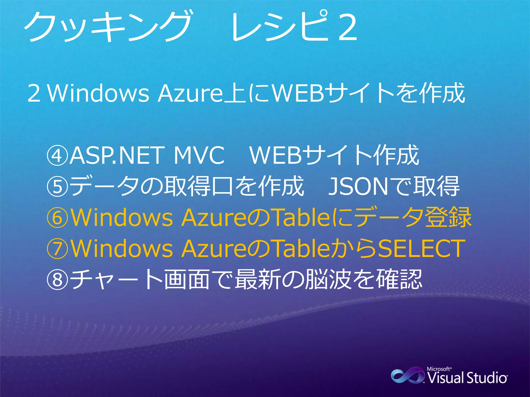 ⑥Windows AzureのTableにデータ登録
⑦Windows AzureのTableからSELECT
 