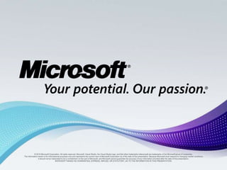 © 2010 Microsoft Corporation. All rights reserved. Microsoft, Visual Studio, the Visual Studio logo, and [list other trademarks referenced] are trademarks of the Microsoft group of companies.  The information herein is for informational purposes only and represents the current view of Microsoft Corporation as of the date of this presentation. Because Microsoft must respond to changing market conditions,it should not be interpreted to be a commitment on the part of Microsoft, and Microsoft cannot guarantee the accuracy of any information provided after the date of this presentation.MICROSOFT MAKES NO WARRANTIES, EXPRESS, IMPLIED, OR STATUTORY, AS TO THE INFORMATION IN THIS PRESENTATION.