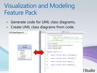 Visualization and Modeling Feature PackGenerate code for UML class diagrams.Create UML class diagrams from code.