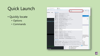 Quick Launch
• Quickly locate
   • Options
   • Commands
 