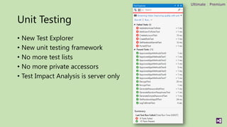 Ultimate | Premium



Unit Testing
• New Test Explorer
• New unit testing framework
• No more test lists
• No more private accessors
• Test Impact Analysis is server only
 