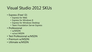 Visual Studio 2012 SKUs
• Express (Free! )
   •   Express for Web
   •   Express for Windows 8
   •   Express for Windows Desktop
   •   Team Foundation Server Express
• Professional
   • w/MSDN
   • w/out MSDN
• Test Professional w/MSDN
• Premium w/MSDN
• Ultimate w/MSDN
 
