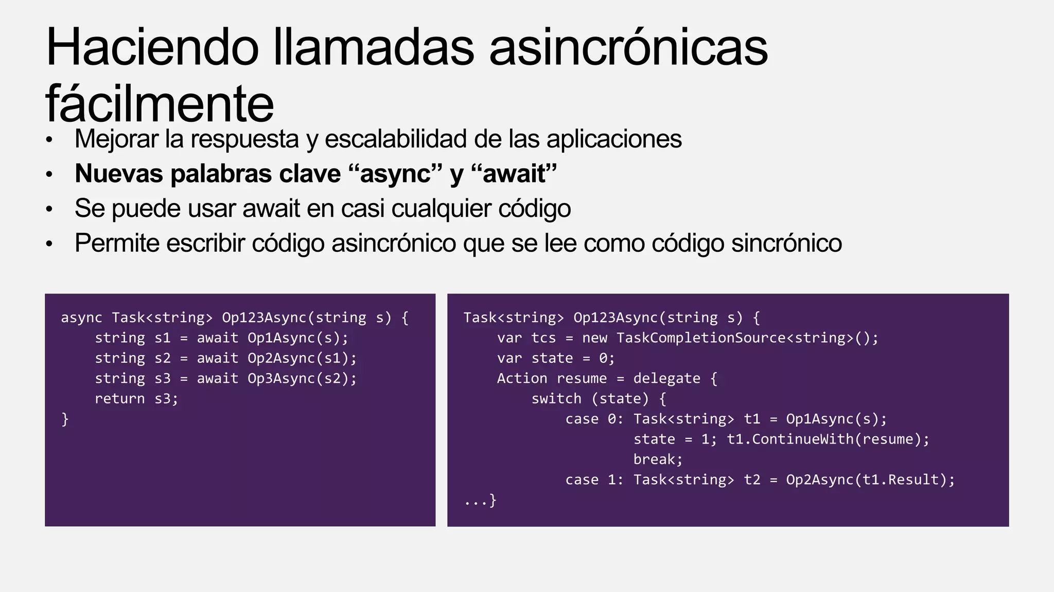 async Task<string> Op123Async(string s) {   Task<string> Op123Async(string s) {
    string s1 = await Op1Async(s);               var tcs = new TaskCompletionSource<string>();
    string s2 = await Op2Async(s1);              var state = 0;
    string s3 = await Op3Async(s2);              Action resume = delegate {
    return s3;                                       switch (state) {
}                                                        case 0: Task<string> t1 = Op1Async(s);
                                                                 state = 1; t1.ContinueWith(resume);
                                                                 break;
                                                         case 1: Task<string> t2 = Op2Async(t1.Result);
                                            ...}
 