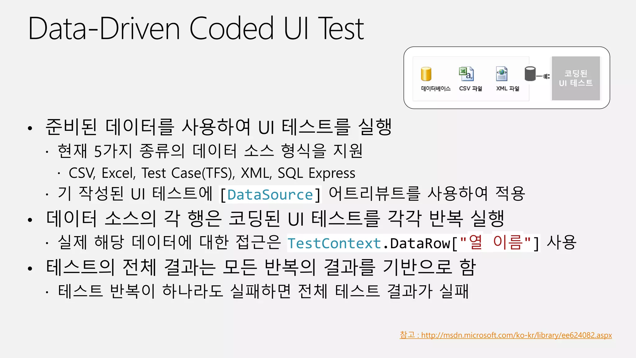 [DataSource]
TestContext.DataRow["열 이름"]
참고 : http://msdn.microsoft.com/ko-kr/library/ee624082.aspx
 