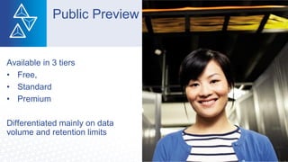 Public Preview
Available in 3 tiers
• Free,
• Standard
• Premium
Differentiated mainly on data
volume and retention limits
 
