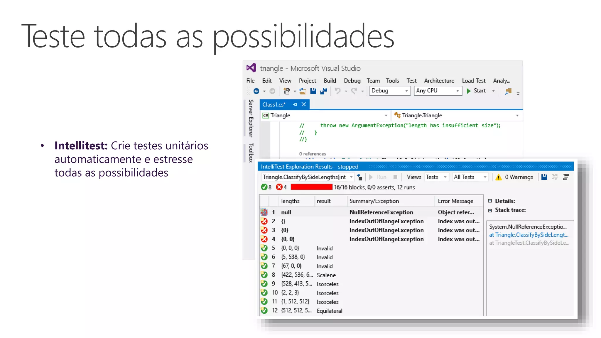 • Intellitest: Crie testes unitários
automaticamente e estresse
todas as possibilidades
 