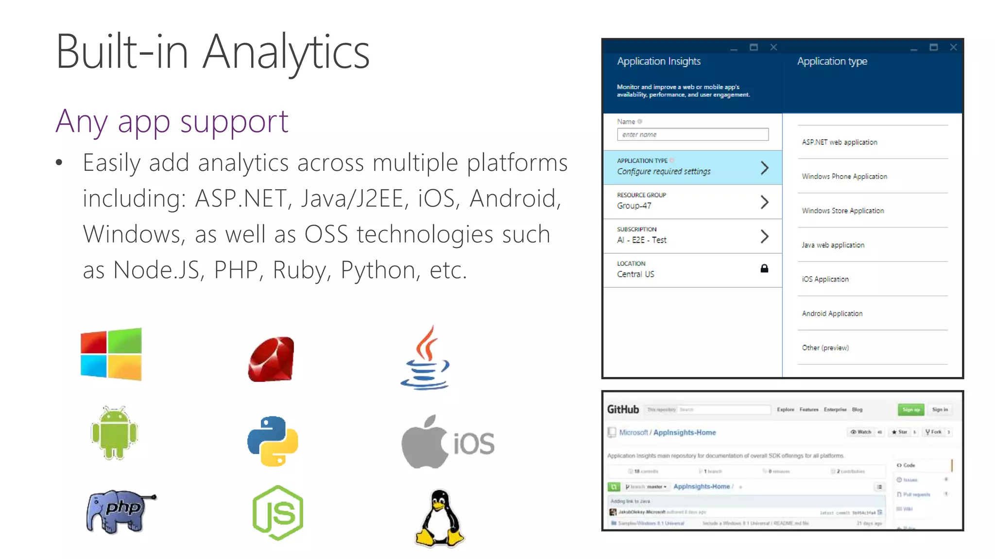 Any app support
• Easily add analytics across multiple platforms
including: ASP.NET, Java/J2EE, iOS, Android,
Windows, as well as OSS technologies such
as Node.JS, PHP, Ruby, Python, etc.
 