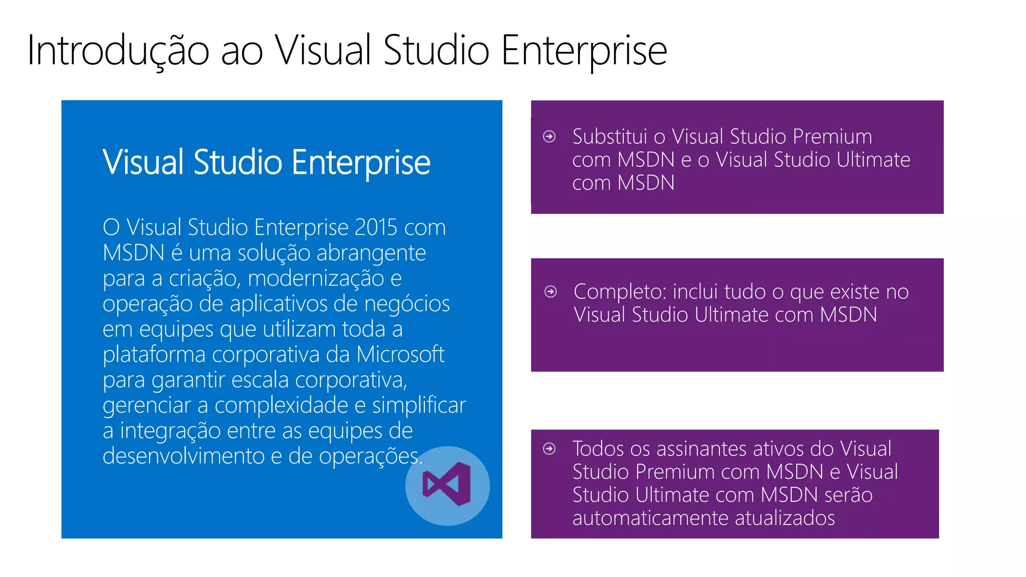 Introdução ao Visual Studio Enterprise
Visual Studio Enterprise
O Visual Studio Enterprise 2015 com
MSDN é uma solução abrangente
para a criação, modernização e
operação de aplicativos de negócios
em equipes que utilizam toda a
plataforma corporativa da Microsoft
para garantir escala corporativa,
gerenciar a complexidade e simplificar
a integração entre as equipes de
desenvolvimento e de operações.
 