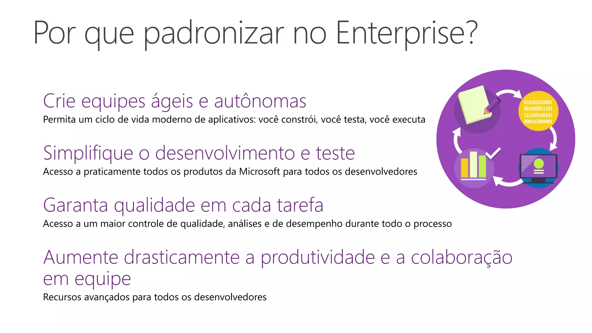 Permita um ciclo de vida moderno de aplicativos: você constrói, você testa, você executa
Acesso a praticamente todos os produtos da Microsoft para todos os desenvolvedores
Acesso a um maior controle de qualidade, análises e de desempenho durante todo o processo
Recursos avançados para todos os desenvolvedores
 