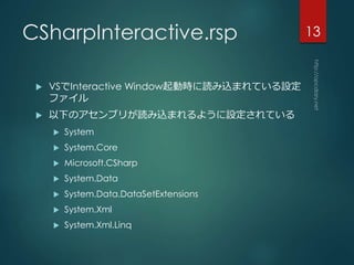 CSharpInteractive.rsp
? VSInteractive WindowӕrizޤƤO
ե
? ¤Υ֥꤬izޤ褦OƤ
? System
? System.Core
? Microsoft.CSharp
? System.Data
? System.Data.DataSetExtensions
? System.Xml
? System.Xml.Linq
13
 