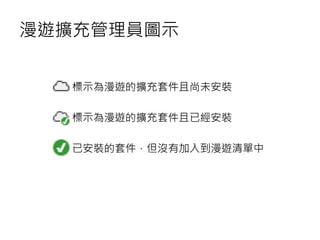 漫遊擴充管理員圖示
• 標示為漫遊的擴充套件且尚未安裝
• 標示為漫遊的擴充套件且已經安裝
• 已安裝的套件，但沒有加入到漫遊清單中
 