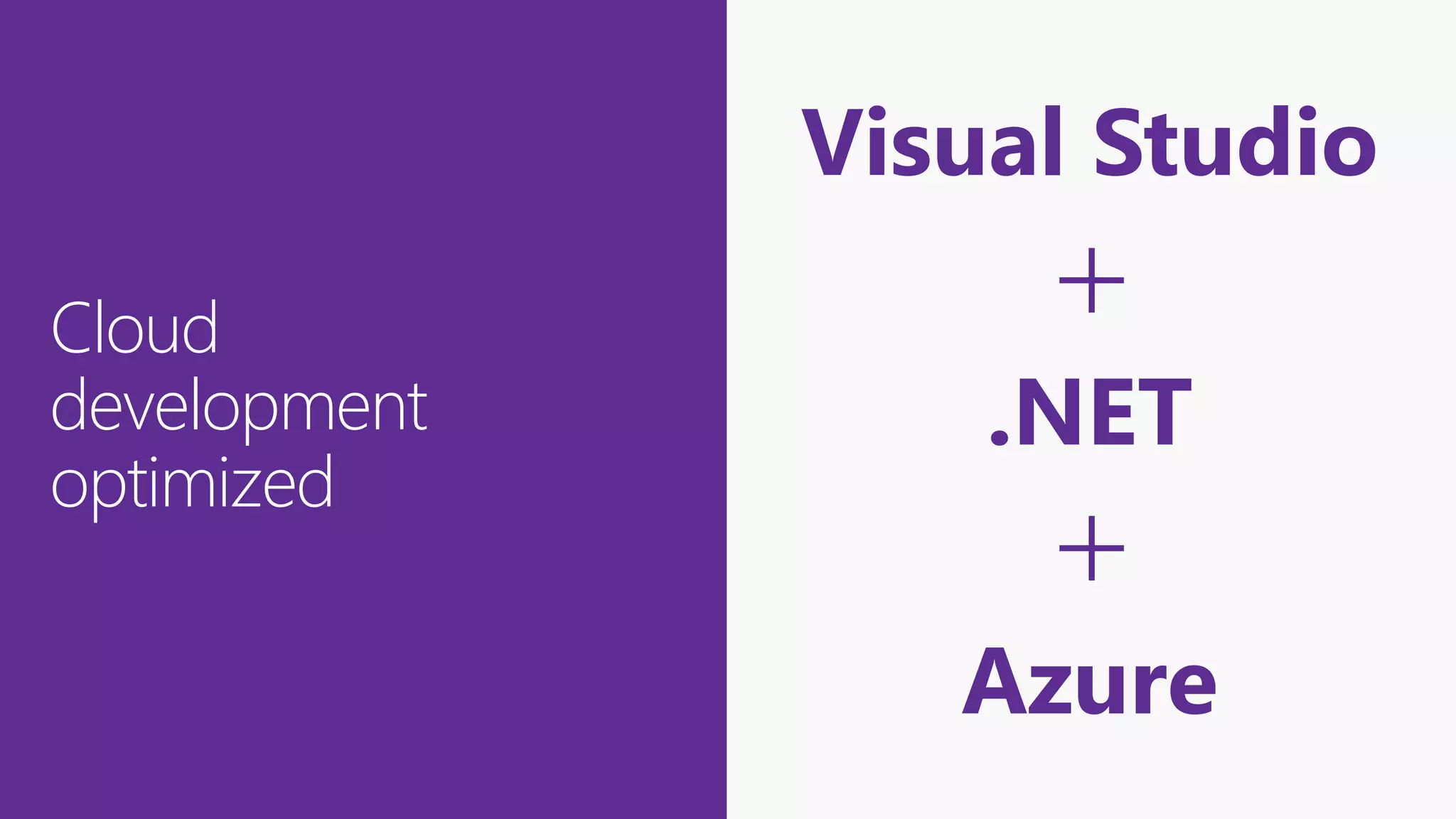 Cloud
development
optimized
.NET
Azure
Visual Studio
+
+
 