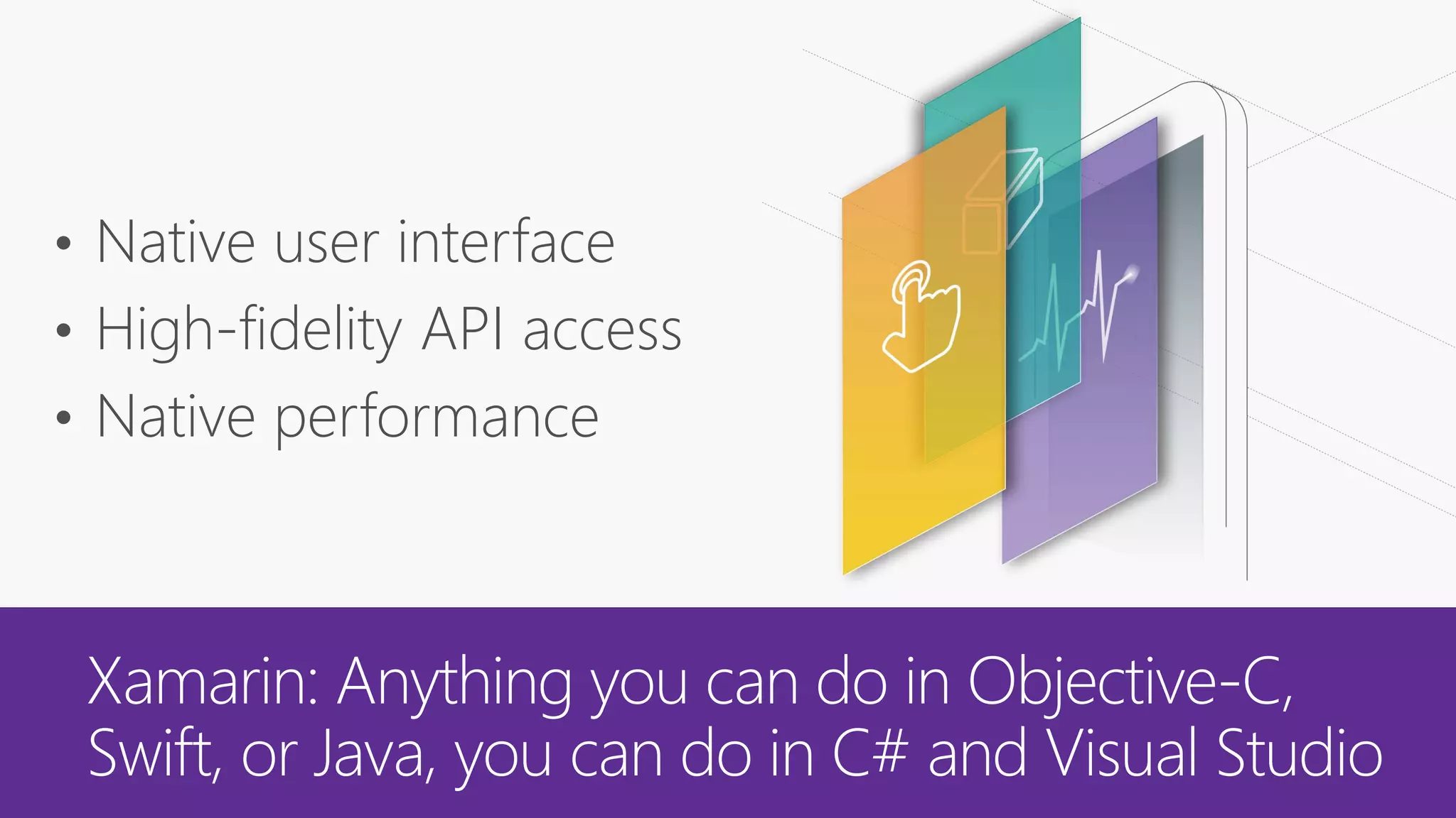 Xamarin: Anything you can do in Objective-C,
Swift, or Java, you can do in C# and Visual Studio
• Native user interface
• High-fidelity API access
• Native performance
 