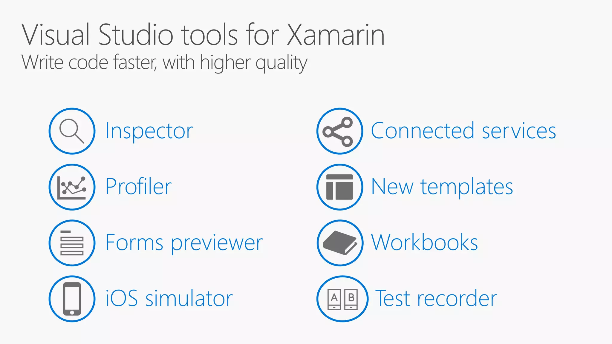 Inspector
Profiler
Forms previewer
iOS simulator
Connected services
Workbooks
New templates
Test recorder
 