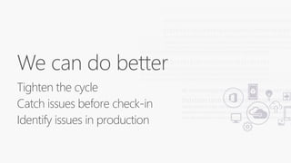 We can do better
Tighten the cycle
Catch issues before check-in
Identify issues in production
 