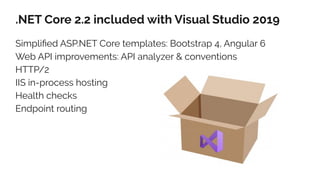.NET Core 2.2 included with Visual Studio 2019
Simpliﬁed ASP.NET Core templates: Bootstrap 4, Angular 6
Web API improvements: API analyzer & conventions
HTTP/2
IIS in-process hosting
Health checks
Endpoint routing
 