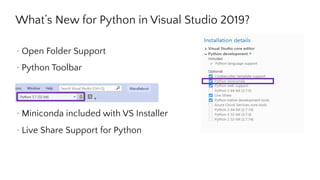What’s New for Python in Visual Studio 2019?
· Open Folder Support
· Python Toolbar
· Miniconda included with VS Installer
· Live Share Support for Python
 