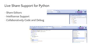 Live Share Support for Python
· Share Editors
· Intellisense Support
· Collaboratively Code and Debug
 