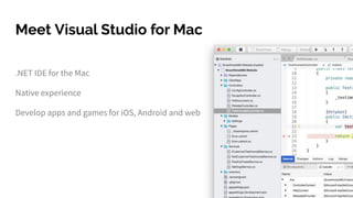 Meet Visual Studio for Mac
.NET IDE for the Mac
Native experience
Develop apps and games for iOS, Android and web
 