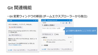 Git 関連機能
 Git 変更ウィンドウの新設 (チームエクスプローラーから独立)
git の操作は基本的にここで行います
 