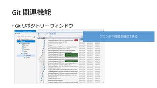 Git 関連機能
 Git リポジトリー ウィンドウ
ブランチや履歴を確認できる
 
