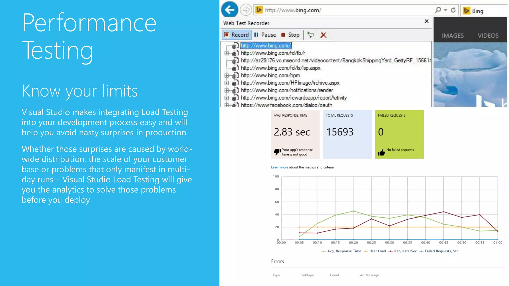 Performance
Testing
Know your limits
Visual Studio makes integrating Load Testing
into your development process easy and will
help you avoid nasty surprises in production
Whether those surprises are caused by world-
wide distribution, the scale of your customer
base or problems that only manifest in multi-
day runs – Visual Studio Load Testing will give
you the analytics to solve those problems
before you deploy
 
