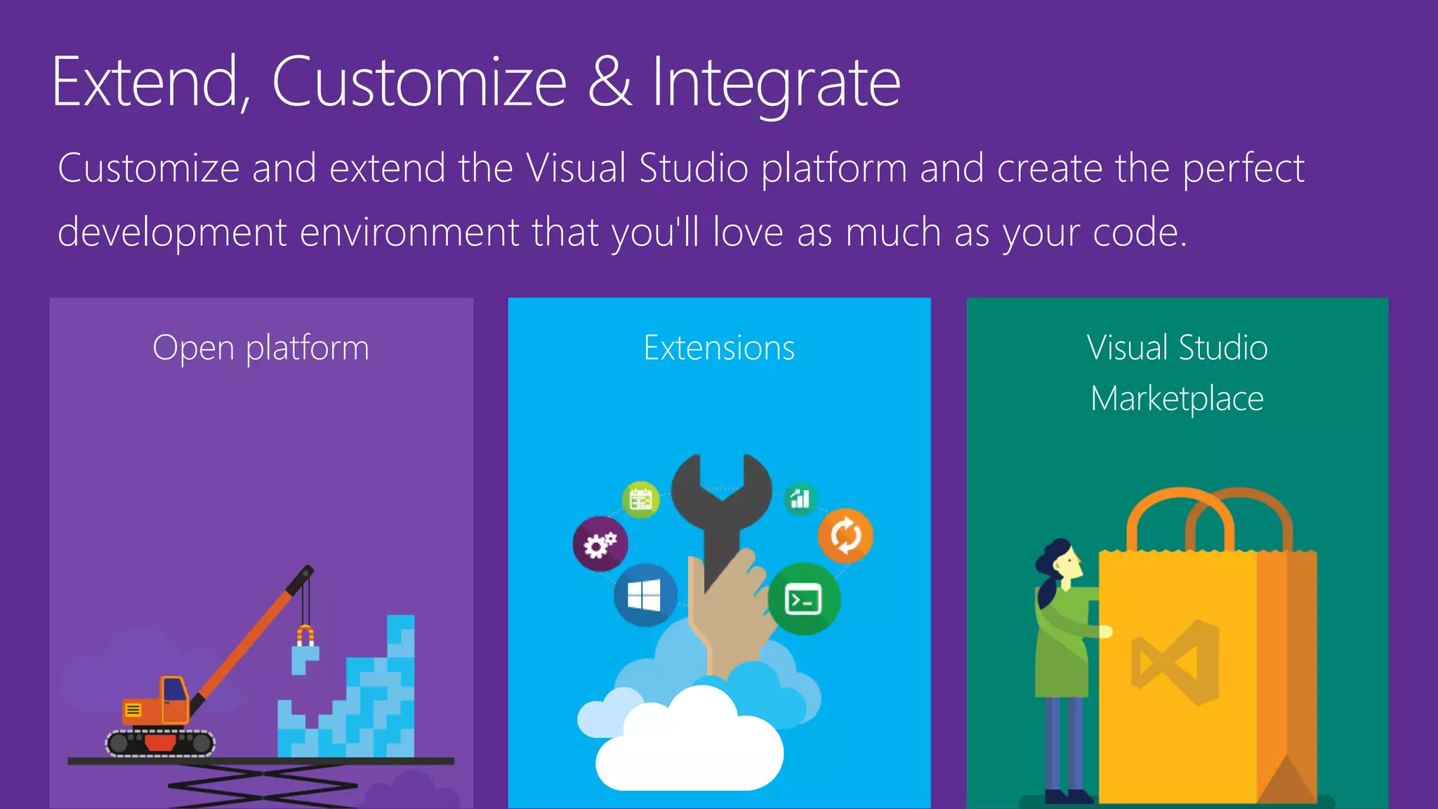Extend, Customize & Integrate
Open platform Extensions
Customize and extend the Visual Studio platform and create the perfect
development environment that you'll love as much as your code.
Visual Studio
Marketplace
 