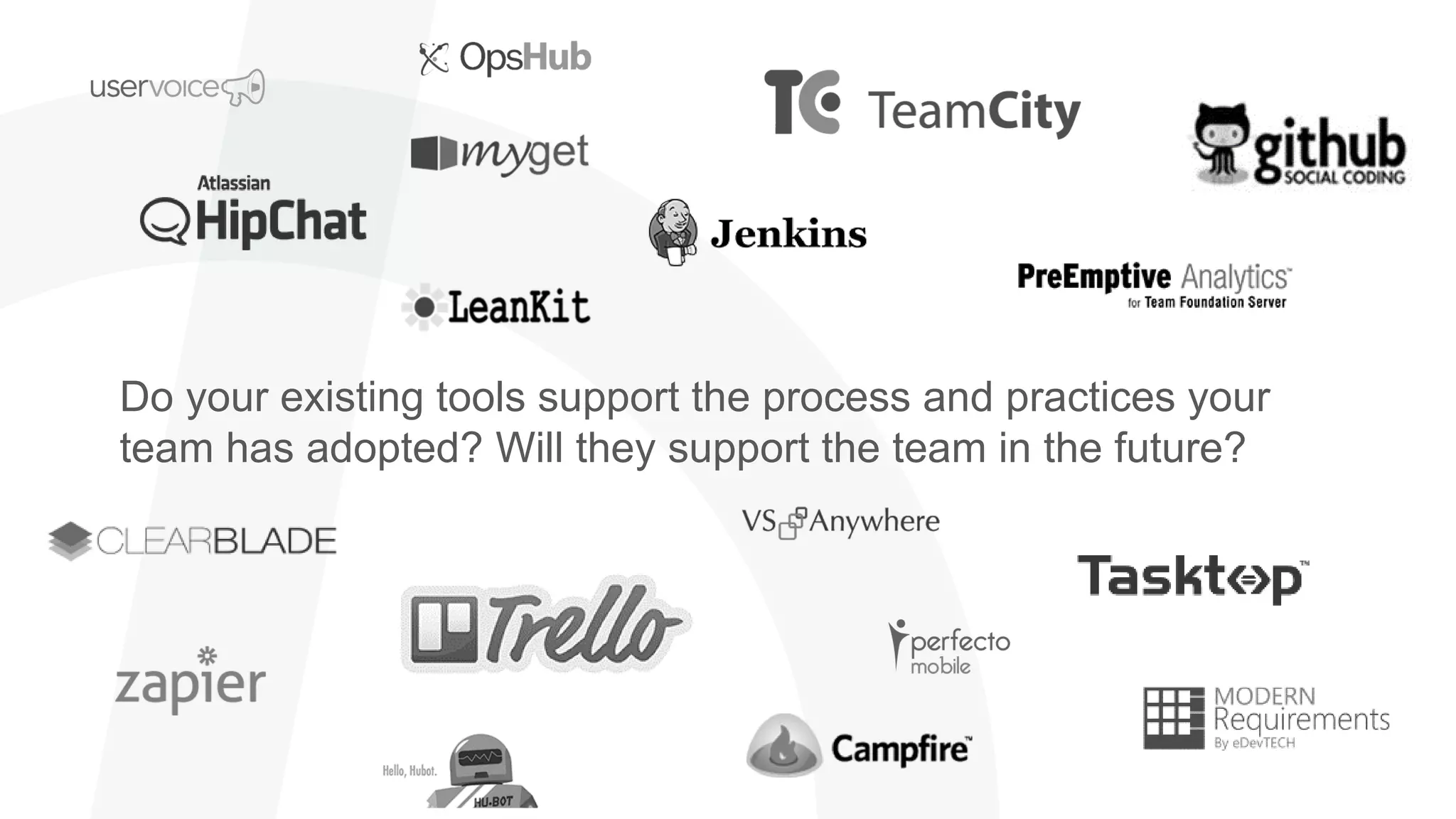 Do your existing tools support the process and practices your
team has adopted? Will they support the team in the future?
 