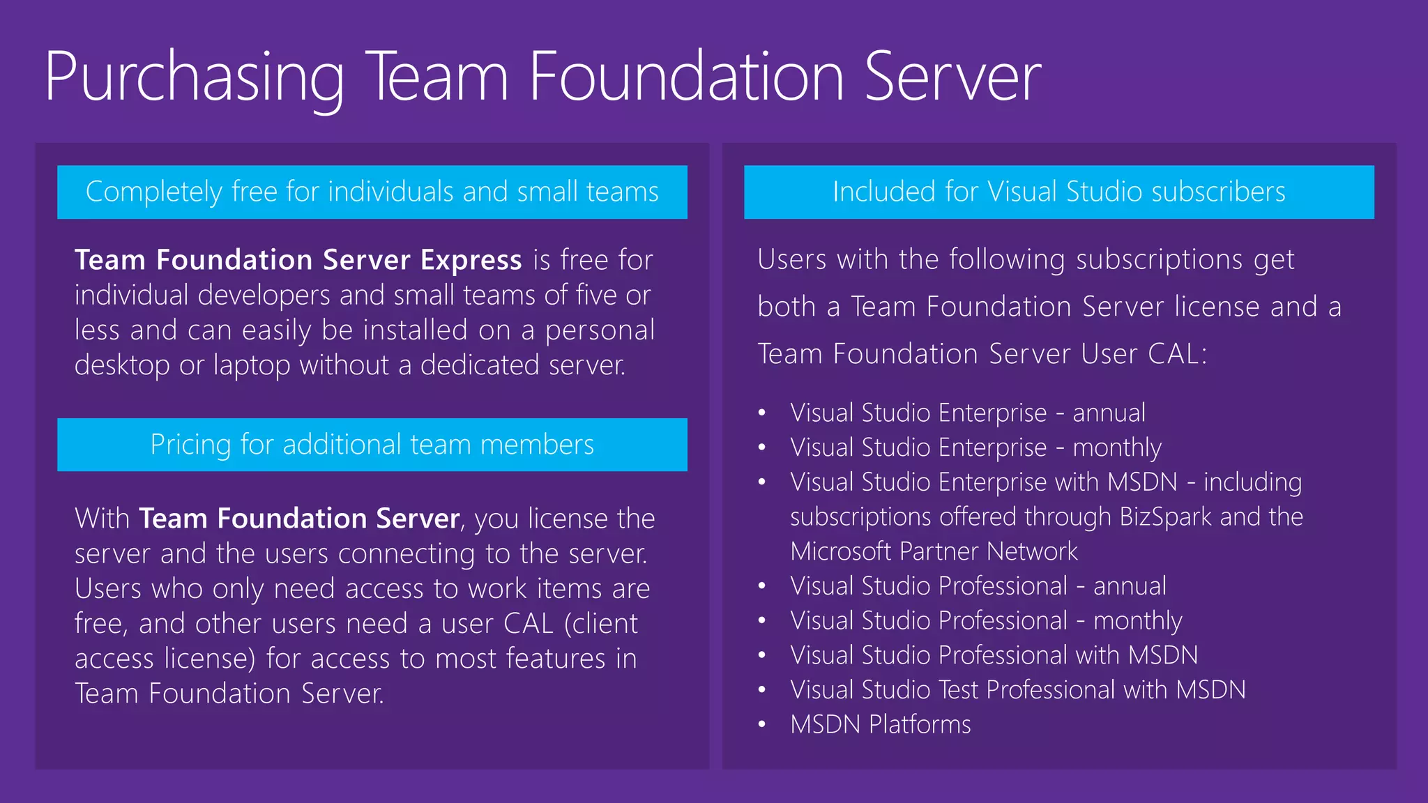 Completely free for individuals and small teams Included for Visual Studio subscribers
Pricing for additional team members
Users with the following subscriptions get
both a Team Foundation Server license and a
Team Foundation Server User CAL:
• Visual Studio Enterprise - annual
• Visual Studio Enterprise - monthly
• Visual Studio Enterprise with MSDN - including
subscriptions offered through BizSpark and the
Microsoft Partner Network
• Visual Studio Professional - annual
• Visual Studio Professional - monthly
• Visual Studio Professional with MSDN
• Visual Studio Test Professional with MSDN
• MSDN Platforms
With Team Foundation Server, you license the
server and the users connecting to the server.
Users who only need access to work items are
free, and other users need a user CAL (client
access license) for access to most features in
Team Foundation Server.
Purchasing Team Foundation Server
Team Foundation Server Express is free for
individual developers and small teams of five or
less and can easily be installed on a personal
desktop or laptop without a dedicated server.
 