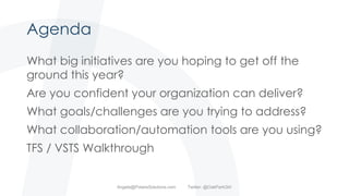 Agenda
What big initiatives are you hoping to get off the
ground this year?
Are you confident your organization can deliver?
What goals/challenges are you trying to address?
What collaboration/automation tools are you using?
TFS / VSTS Walkthrough
Angela@PolarisSolutions.com Twitter: @OakParkGirl
 