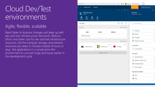 Cloud Dev/Test
environments
Agile, flexible, scalable
React faster to business changes and keep up with
dev and test infrastructure demands. Reduce
effort and lower cost for dev and test infrastructure
resources. Get the compute, storage, and network
resources you need, in minutes instead of hours or
days. Test applications in a ‘production-like’
environment to uncover bugs and issues earlier in
the development cycle.
 