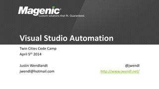 Visual Studio Automation
Twin Cities Code Camp
April 5th 2014
Justin Wendlandt
jwendl@hotmail.com
@jwendl
http://www.jwendl.net/
 