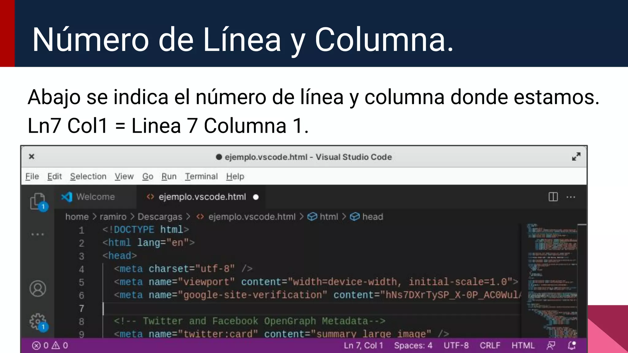 Abajo se indica el número de línea y columna donde estamos.
Ln7 Col1 = Linea 7 Columna 1.
Número de Línea y Columna.
 