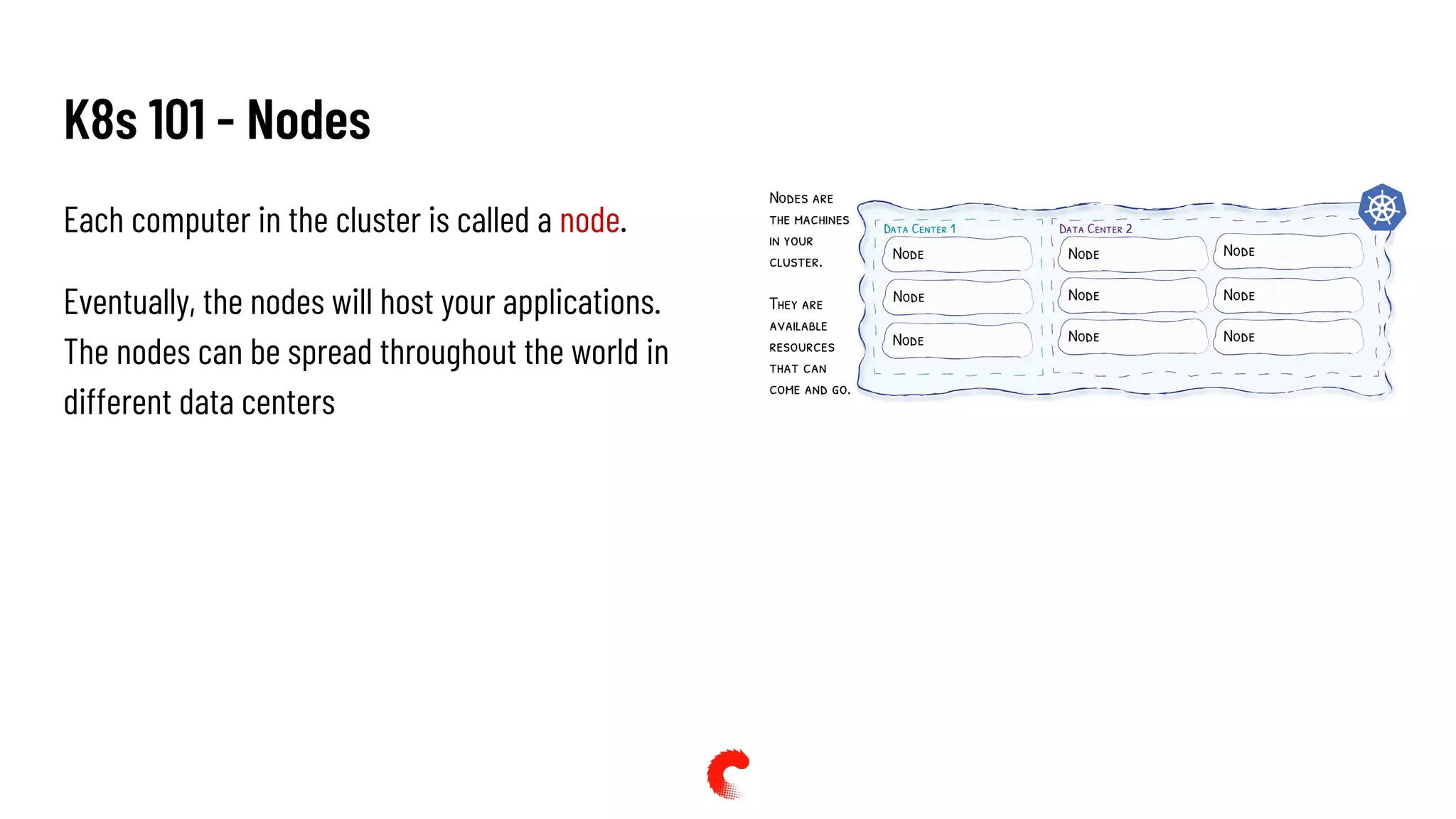 K8s 101 - Nodes
Each computer in the cluster is called a node.
Eventually, the nodes will host your applications.
The nodes can be spread throughout the world in
different data centers
 