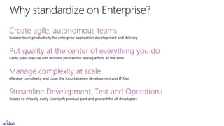 Create agile, autonomous teams
Greater team productivity for enterprise application development and delivery
Put quality at the center of everything you do
Easily plan, execute and monitor your entire testing effort, all the time
Manage complexity at scale
Manage complexity and close the loop between development and IT Ops
Streamline Development, Test and Operations
Access to virtually every Microsoft product past and present for all developers
 