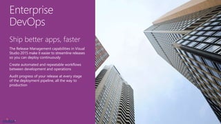 Enterprise
DevOps
Ship better apps, faster
The Release Management capabilities in Visual
Studio 2015 make it easier to streamline releases
so you can deploy continuously
Create automated and repeatable workflows
between development and operations
Audit progress of your release at every stage
of the deployment pipeline, all the way to
production
 