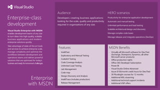 Enterprise
with MSDN
Enterprise-class
development
Visual Studio Enterprise with MSDN
enables development teams of any size
to turn ideas into high-quality, scalable
business applications and modern
enterprise solutions quickly.
Take advantage of state-of-the art tools
and services to achieve enterprise scale,
manage complexity and optimize the
workflows between development and
operations teams and deliver powerful
solutions that are optimized for today’s
business and ready fortomorrow’schallenges.
Audience
Developers creating business applications
looking for the scale, quality and productivity
required in organizations of any size.
Features
• IntelliTest
• Exploratory and Manual Testing
• CodedUI Testing
• Code Coverage Analysis
• Unlimited Load Testing
• Lab Management
• Code map
• Design Discovery and Analysis
• IntelliTrace (includes production)
• Release Management
MSDN Benefits
• Virtually all Microsoft software for Dev/Test
(Exchange, Sharepoint, Dynamics, all other
Microsoft server products)
• Office production rights
• Office 365 Developer Subscription
• Power BI
• Visual Studio Online Advanced
• Azure $150/month credit hours for Dev/Test
• 30 Pluralsight courses for 12 months
• Additional MSL eLearning
• Additional technical support incidents
• Additional VSIP offers
HERO scenarios
Productivity for enterprise application development
Automatic and manual testing
Unlimited performance and load testing
Scalable architectural design and discovery
Manage complex code bases
Manage releases and integrate operations (DevOps)
 