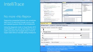 IntelliTrace
No more «No Repro»
Diagnosing unexpected behavior can sometimes
take hours of searching through source code
and repeated guesses where to set breakpoints
Using the diagnostic tools in Visual Studio 2015
and IntelliTrace you can see the history of your
code’s execution and navigate back in time to
inspect state without manually setting breakpoints
 