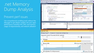 .net Memory
Dump Analysis
Prevent perf issues
Use comprehensive profiling tools without the
debugger to get deeper insights into your app’s
performance, including CPU, GPU, and memory
usage, UI responsiveness, and network utilization
 