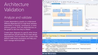Architecture
Validation
Analyze and validate
Create dependency graphs to understand
different dependencies at a high level, between
assemblies or binaries, namespaces, or even
arbitrary groups. Drill into dependencies on
the graph to see how they're related
Create layer diagrams to specify what those
dependencies should look like to meet design
requirements. Find out where the current code
doesn't meet those constraints and help your
team manage technical debt
 