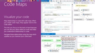 Code Maps
Visualize your code
Map relationships in code with code maps. When
you create code maps, they appear next to the
code editor
This lets you focus on the task at hand because
you can see your place while you work and helps
you understand relationships in code
Navigate these relationships using the map which
updates as you traverse your code base
 