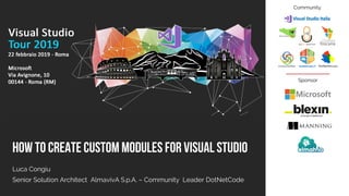 Sponsor
Community
How to create custom modules for Visual Studio
Luca Congiu
Senior Solution Architect AlmavivA S.p.A. – Community Leader DotNetCode
 
