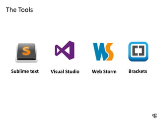 The Tools

Sublime text

Visual Studio

Web Storm

Brackets

 