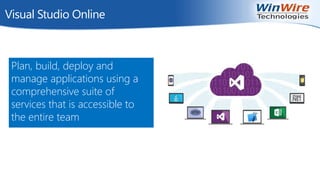 Visual Studio Online
Plan, build, deploy and
manage applications using a
comprehensive suite of
services that is accessible to
the entire team
 