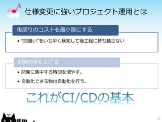 仕様変更に強いプロジェクト運用とは
15
• “間違い”をいち早く検知して後工程に持ち越さない
後戻りのコストを最小限にする
• 開発に集中する時間を増やす。
• 自動化できる物は自動化を行う。
開発効率を上げる
 