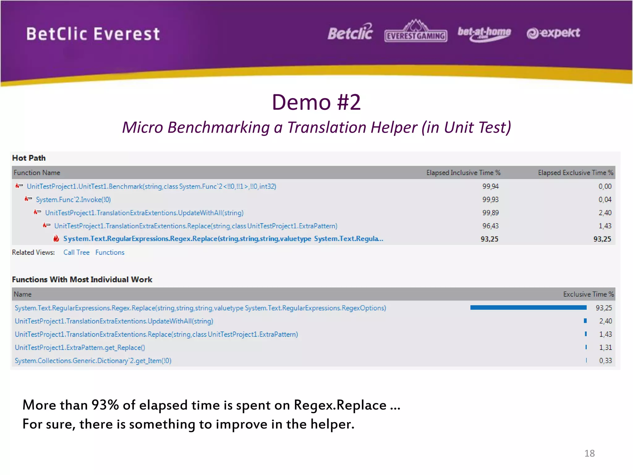 18
Demo #2
Micro Benchmarking a Translation Helper (in Unit Test)
More than 93% of elapsed time is spent on Regex.Replace …
For sure, there is something to improve in the helper.
 