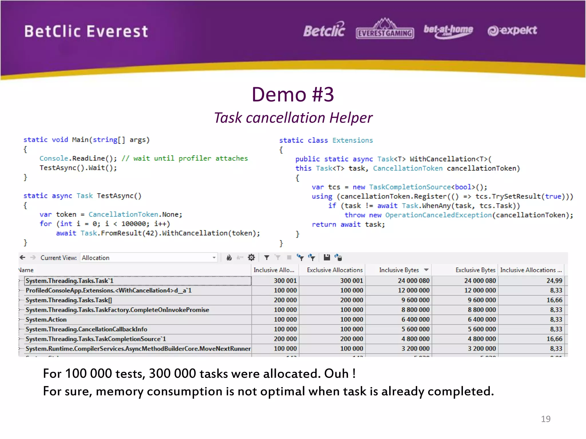 19
Demo #3
Task cancellation Helper
For 100 000 tests, 300 000 tasks were allocated. Ouh !
For sure, memory consumption is not optimal when task is already completed.
 