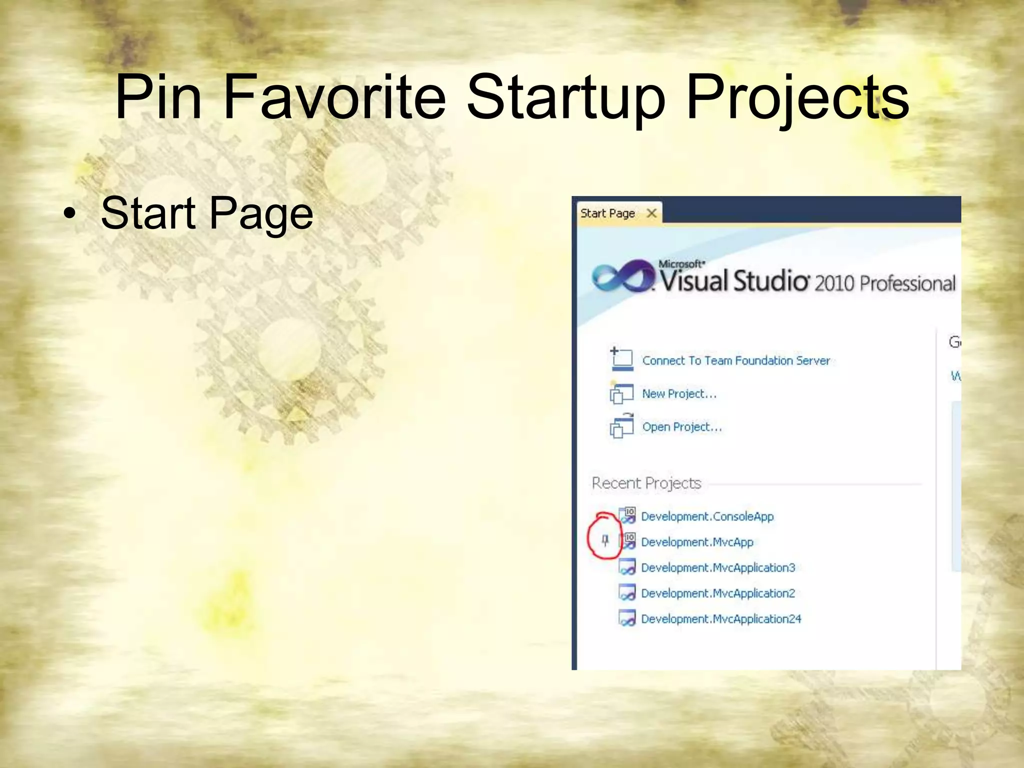 Pin Favorite Startup ProjectsStart Page