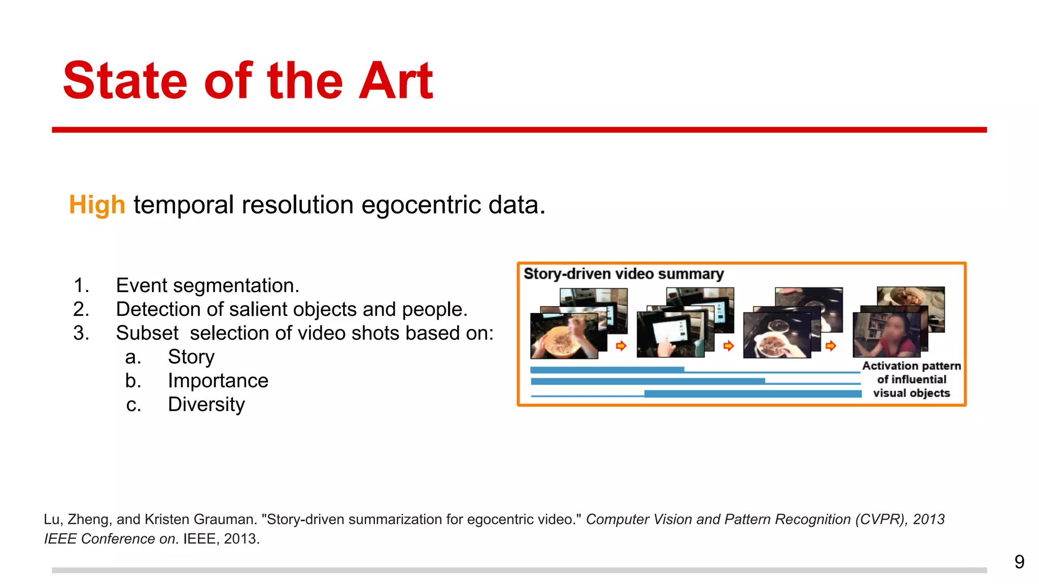 State of the Art
Lu, Zheng, and Kristen Grauman. "Story-driven summarization for egocentric video." Computer Vision and Pattern Recognition (CVPR), 2013
IEEE Conference on. IEEE, 2013.
9
High temporal resolution egocentric data.
1. Event segmentation.
2. Detection of salient objects and people.
3. Subset selection of video shots based on:
a. Story
b. Importance
c. Diversity
 