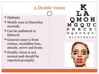 2.Double vision
Diplopia
Mostly seen in binocular
anomaly
Can be unilateral or
bilateral
General cause is from
cornea,...